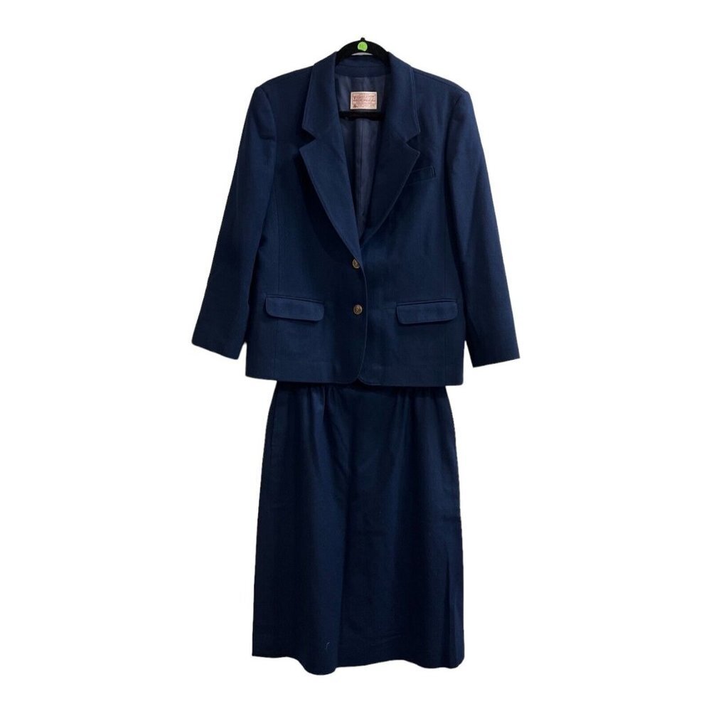 Pendleton Wool Suit Womens 14 Blazer Skirt Navy Blue USA Vintage 70's 2 Button